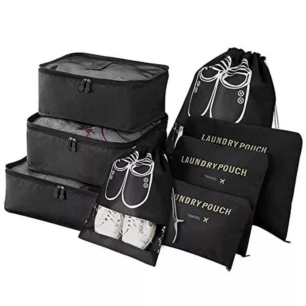 Only-bags.store - Kofferorganisator, 8-in-1-Set Gepäckorganisator, wasserdichte Reisekleidersäcke mit 2 Schuhsäcken, 3 Packwürfeln und 3 Aufbewahrungsbeuteln, für Kleidung, Schuhe, Kosmetika,, One Size, Schwarz