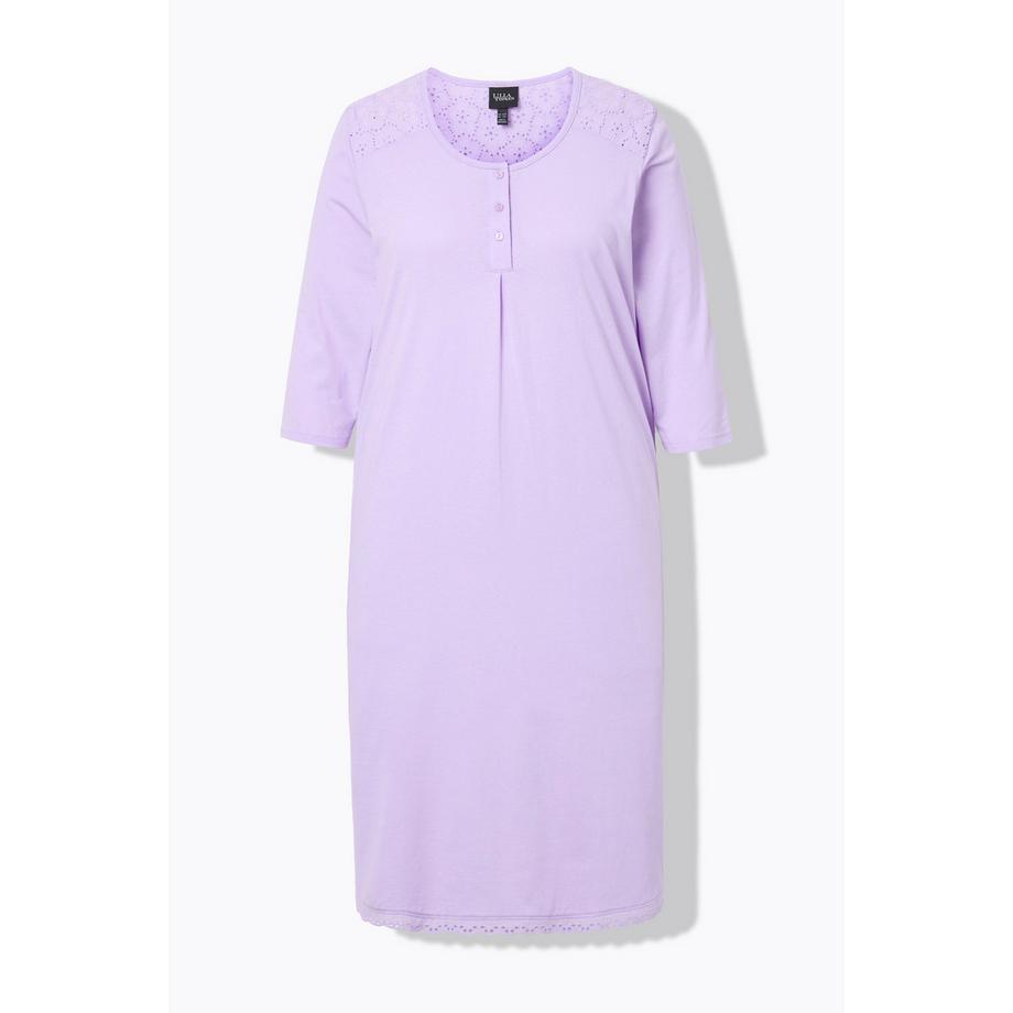 Ulla Popken Chemise de nuit Broderie Anglaise Pli Décoratif Col Rond Manches 3/4  
