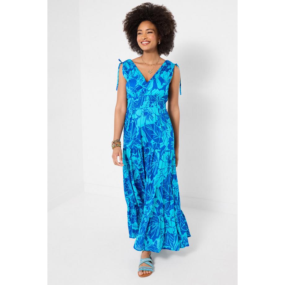 Wickel-Maxikleid mit Bindeträgern und gesmokter Taille