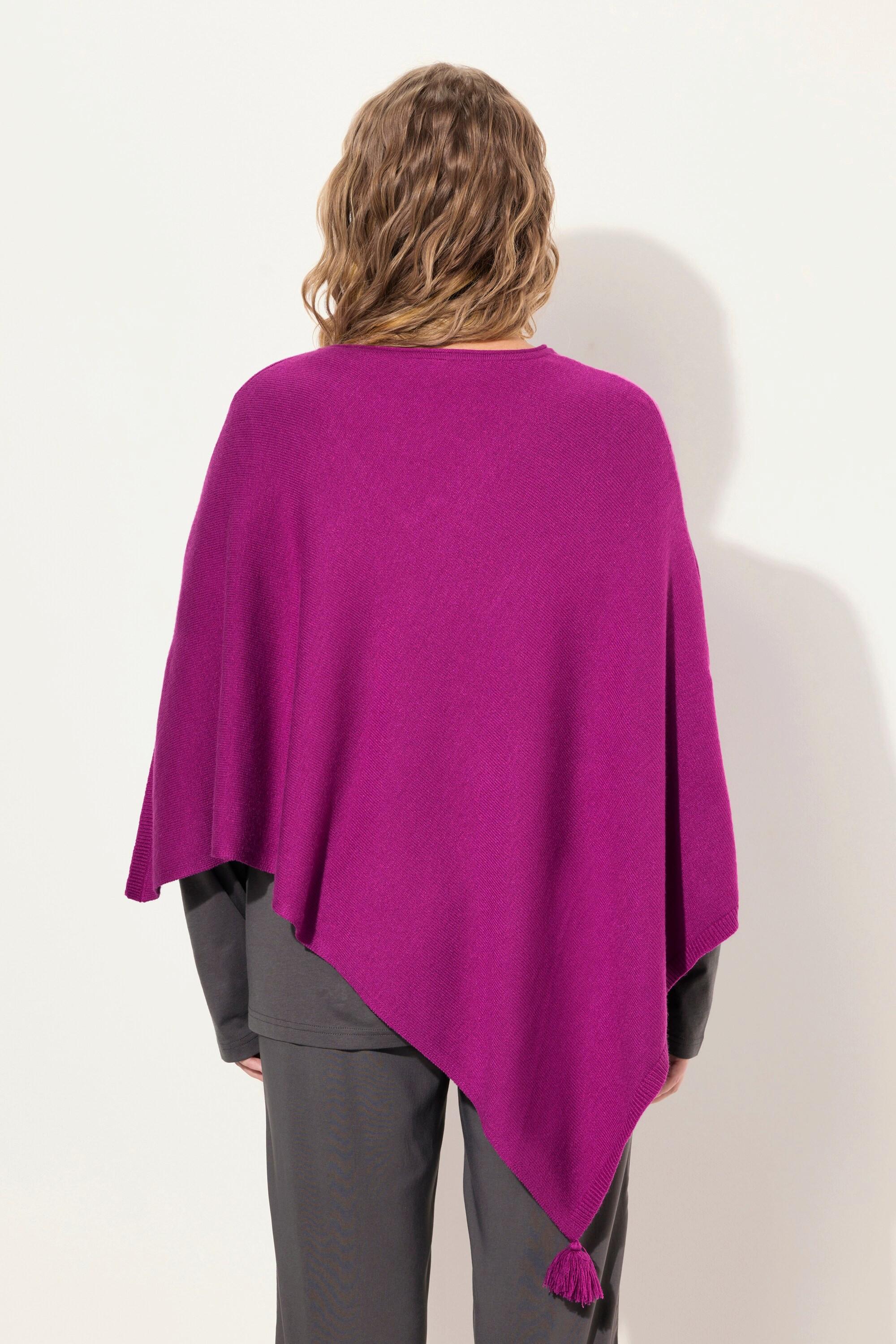 Ulla Popken  Poncho en maille, finition en pointe, pompon, col en V, sans manches 