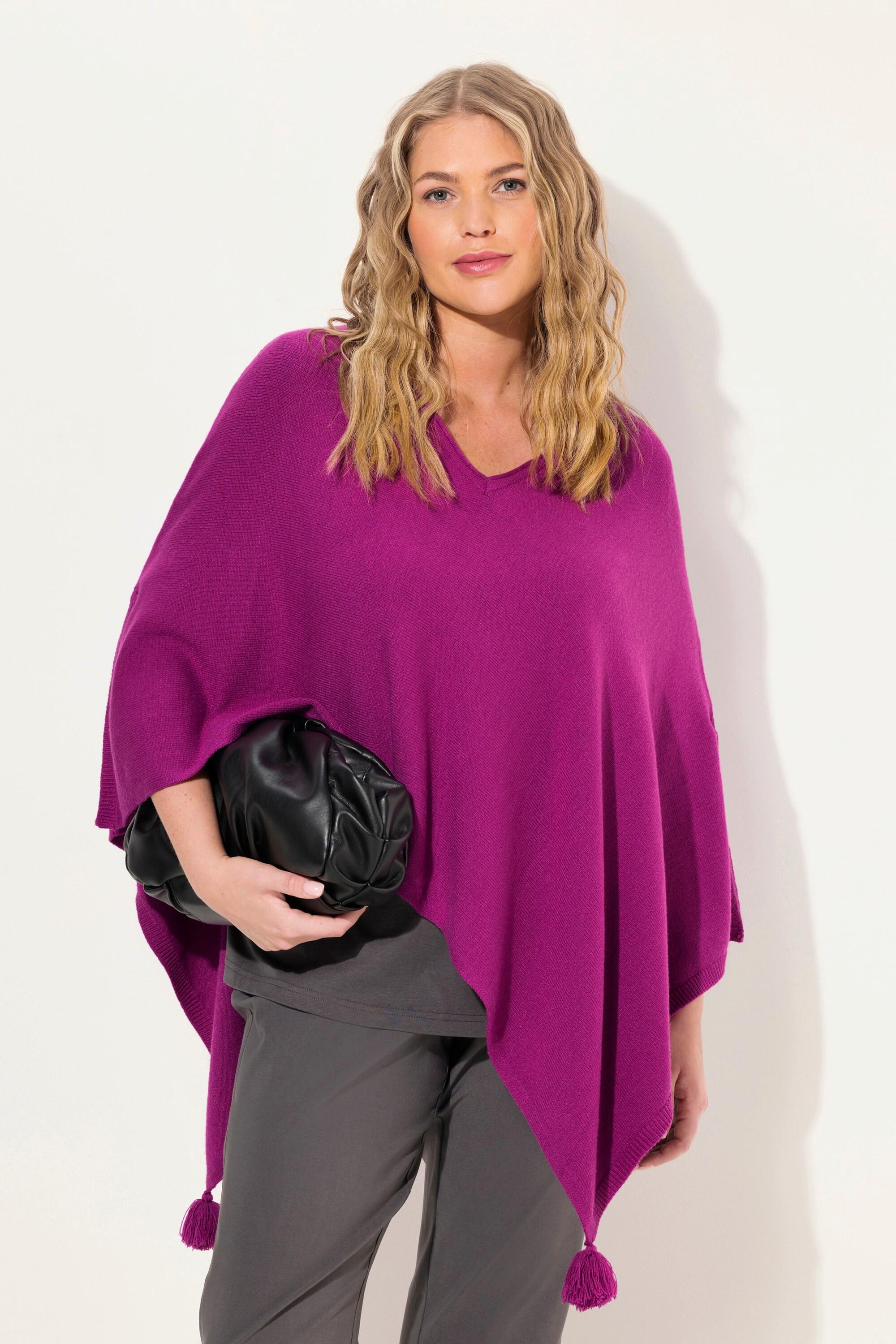 Ulla Popken  Poncho en maille, finition en pointe, pompon, col en V, sans manches 