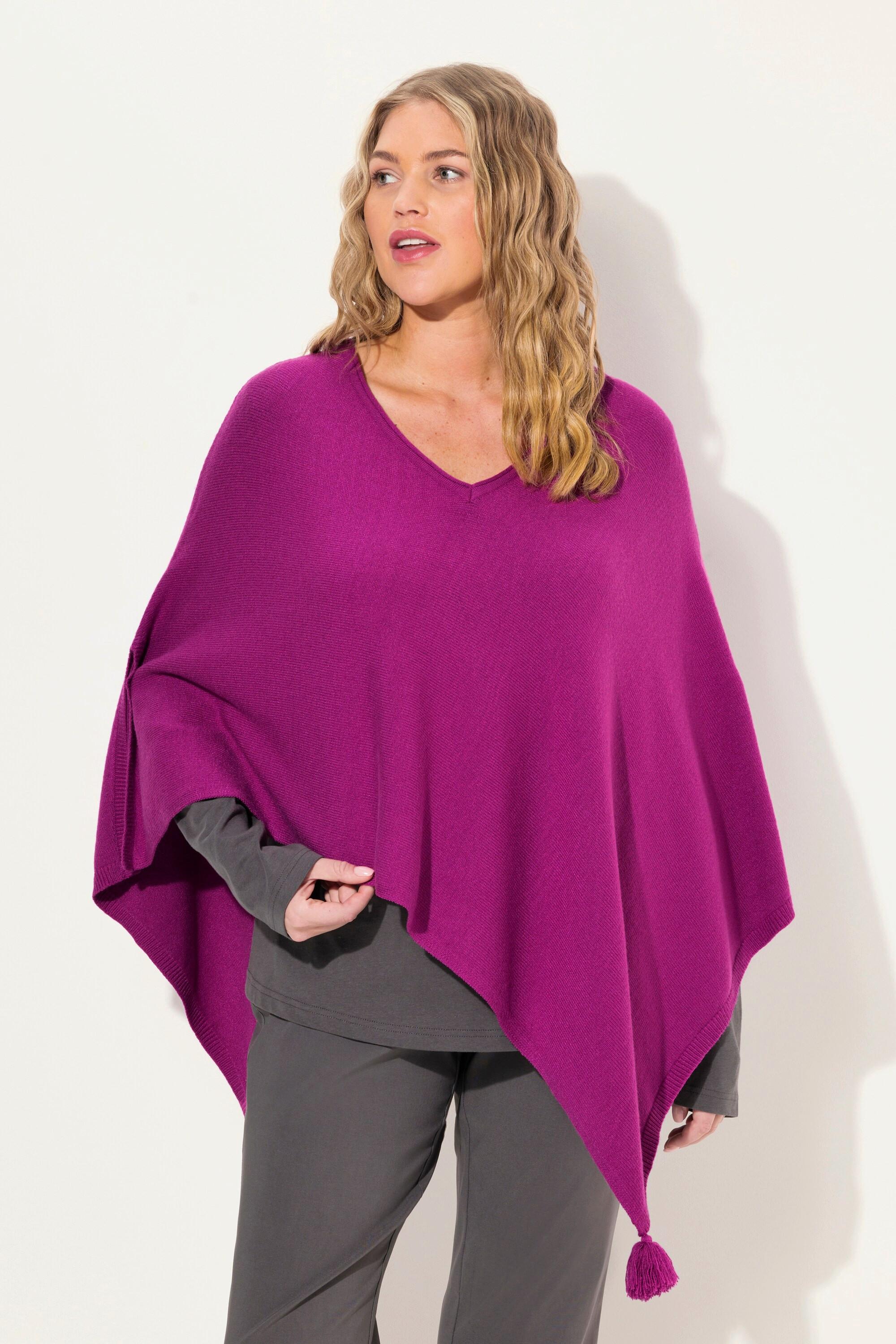 Ulla Popken  Poncho en maille, finition en pointe, pompon, col en V, sans manches 