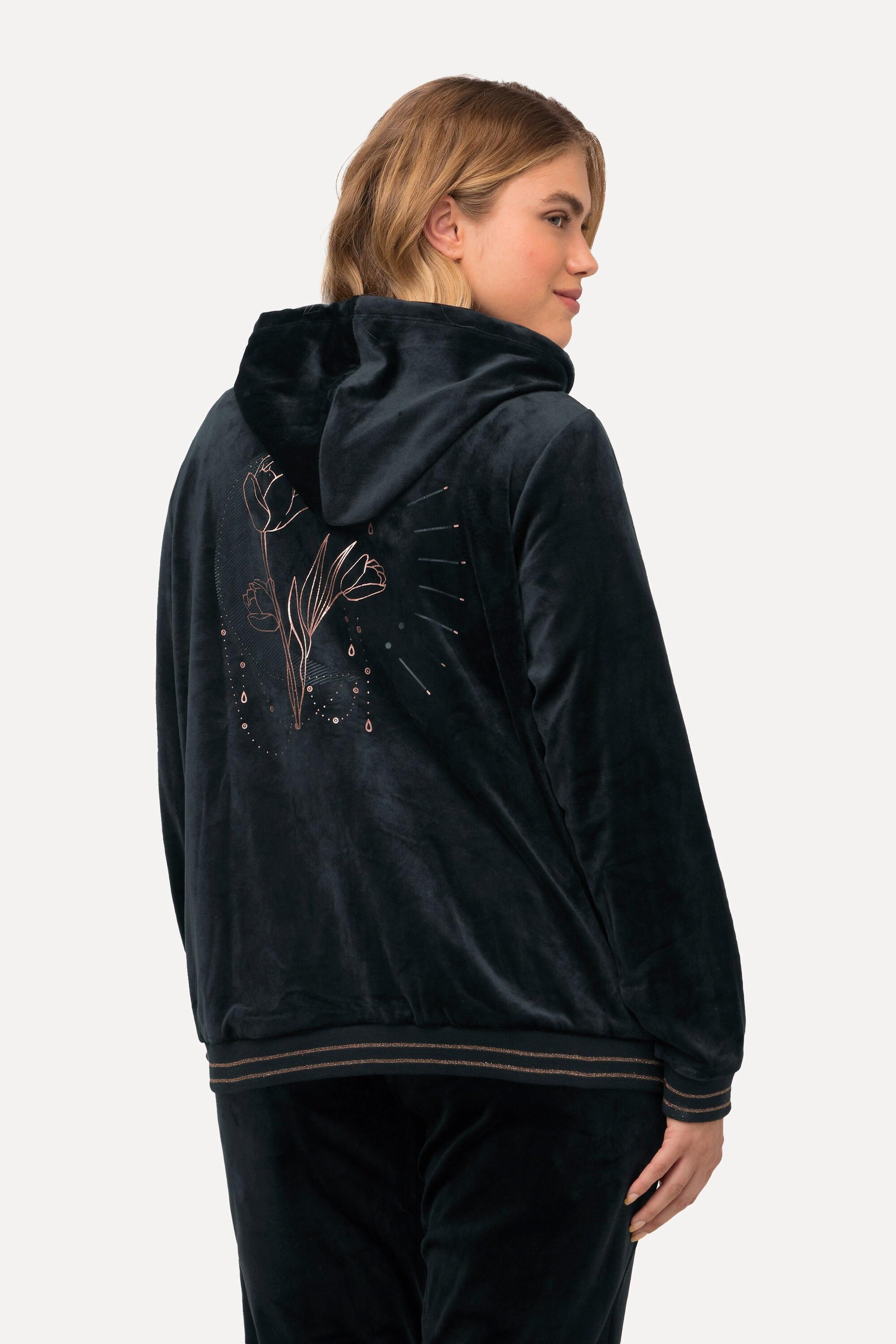 Ulla Popken  Samt-Sweatjacke, Tulpen, Kapuze, Glitzerdetails 