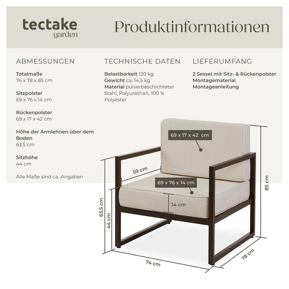 Tectake Garten-Loungesessel Comosa Dicke des Sitzpolsters 14 cm wasserabweisende, abnehmbare Polyesterbezüge  