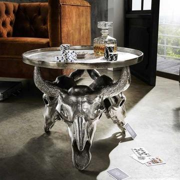 Table d'appoint crâne de taureau aluminium rond 51x46