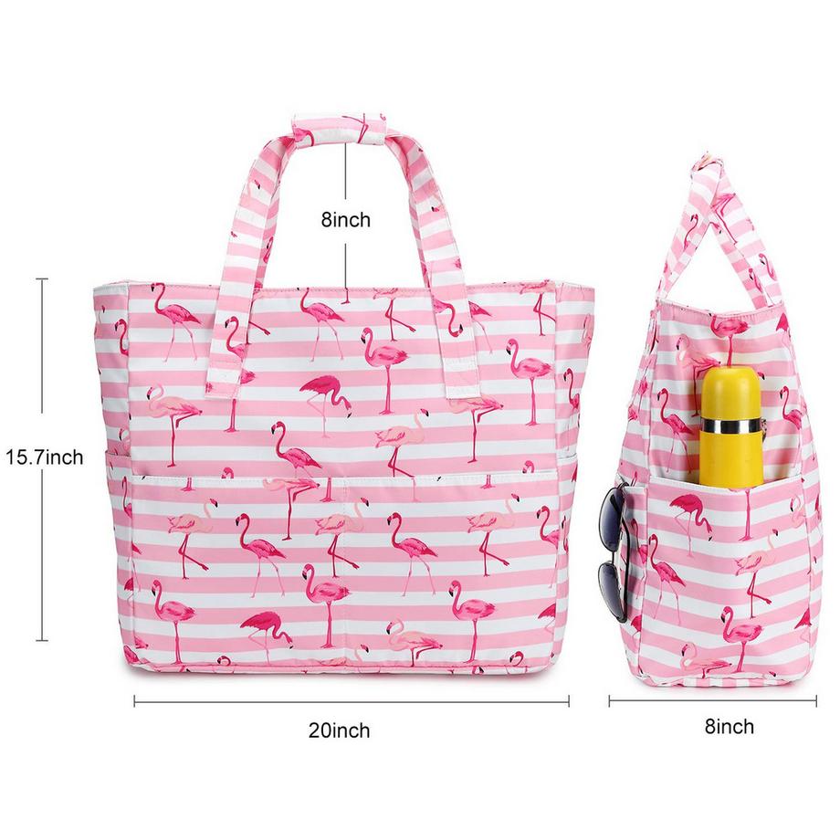 Only-bags.store Grand Sac de Plage Rayé Flamant Rose avec Fermeture Éclair  