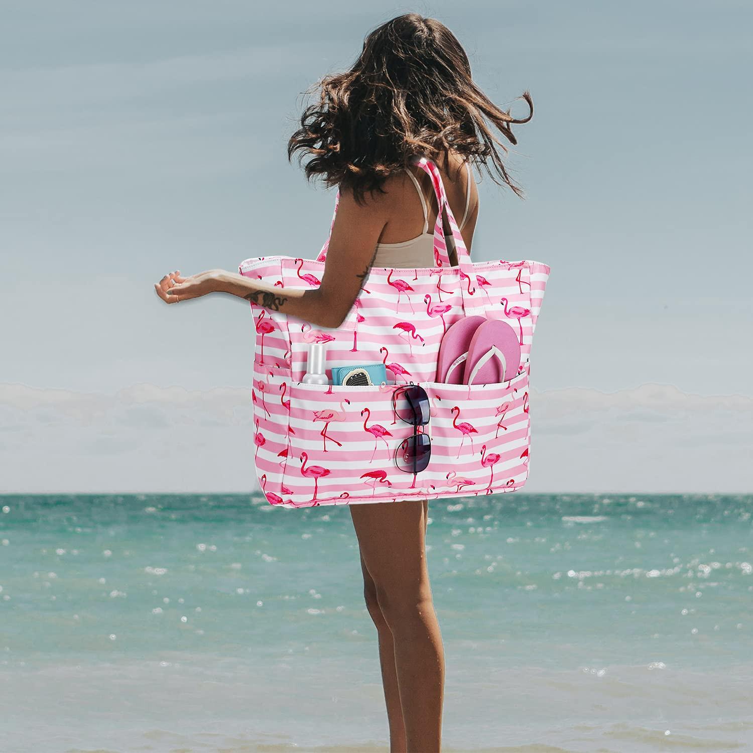 Only-bags.store Große Flamingo Gestreifte Strandtasche mit Reißverschluss  