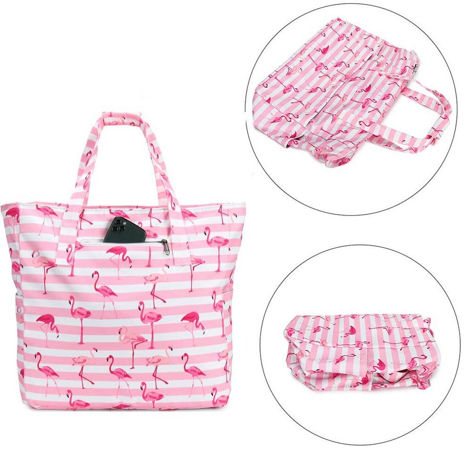 Only-bags.store Grand Sac de Plage Rayé Flamant Rose avec Fermeture Éclair  