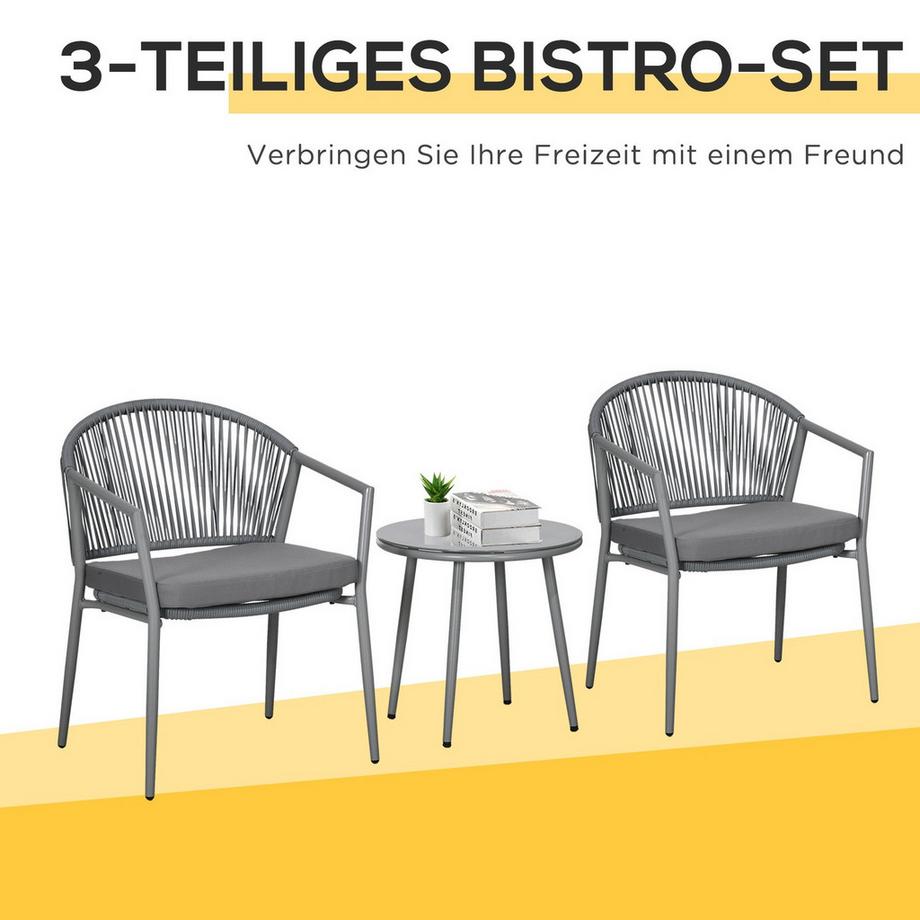 Northio Stilvolle Sitzgruppe 2 Gartensessel Couchtisch Balkonmöbel-Set Stahlrahmen Grau  