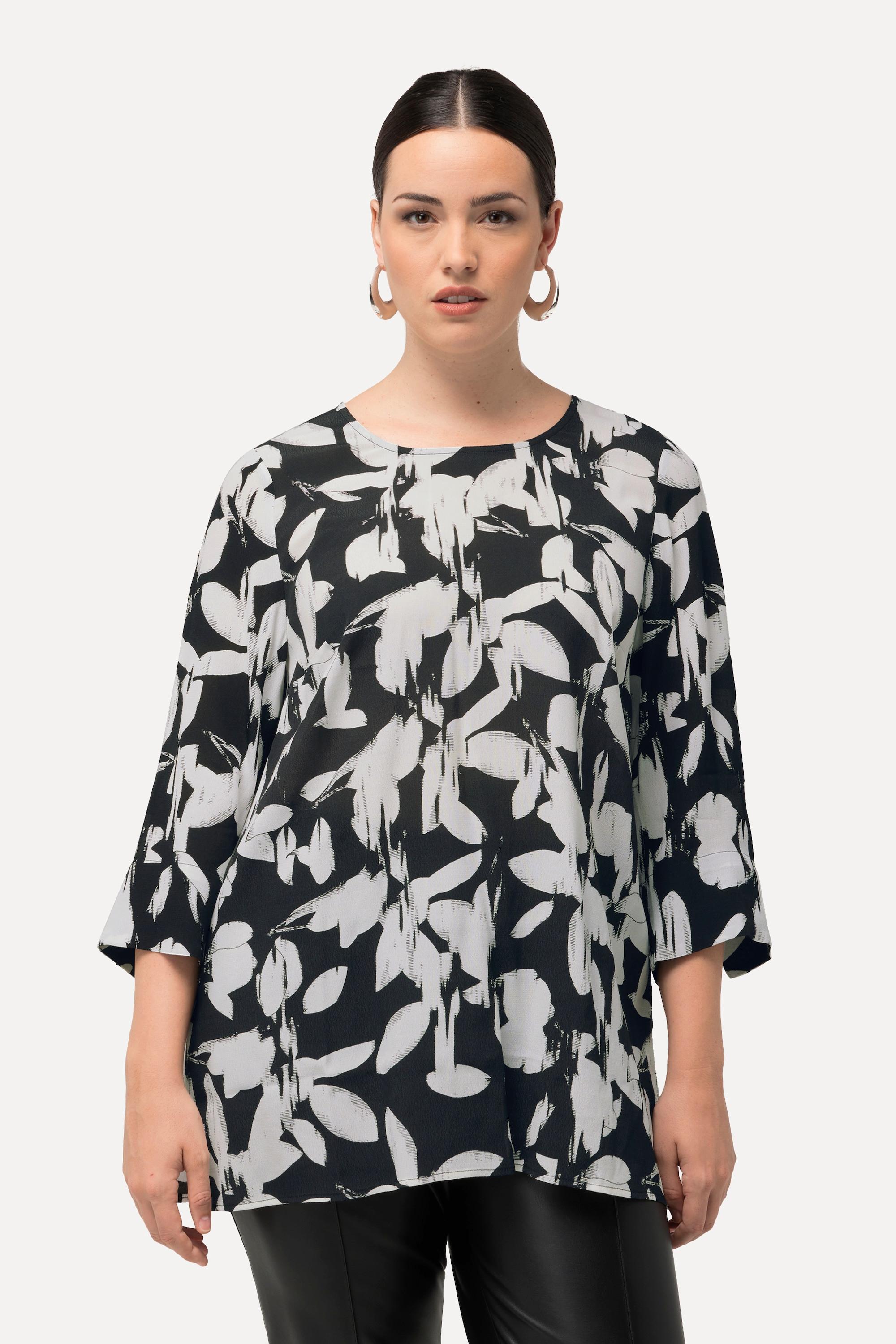 Ulla Popken  Blusa con taglio svasato, foglie, scollo a girocollo e maniche a 3/4 