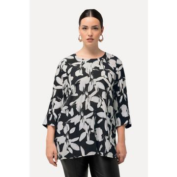 Blusa con taglio svasato, foglie, scollo a girocollo e maniche a 3/4