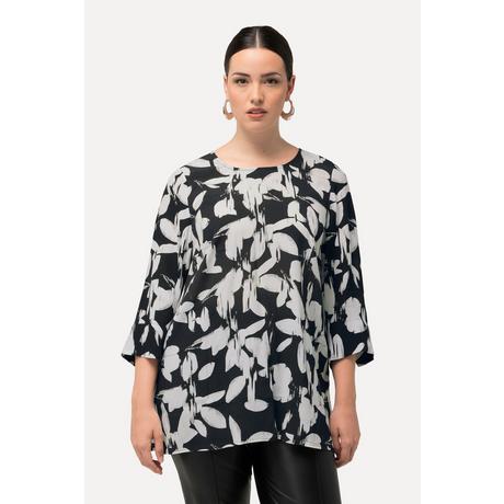 Ulla Popken  Blusa con taglio svasato, foglie, scollo a girocollo e maniche a 3/4 