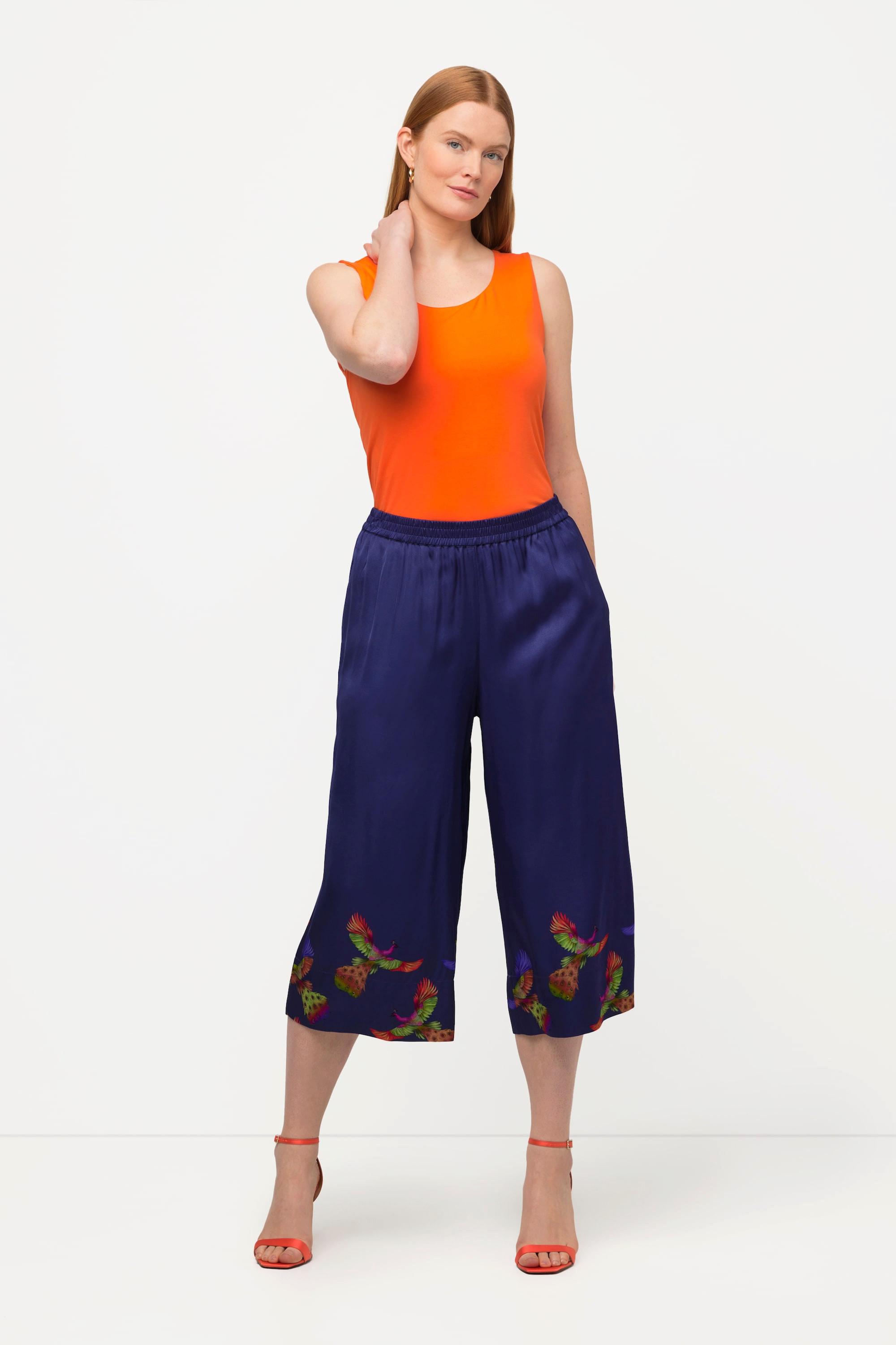 Ulla Popken  Pantalon 3/4 Mary en satin, imprimé oiseaux et taille élastique 