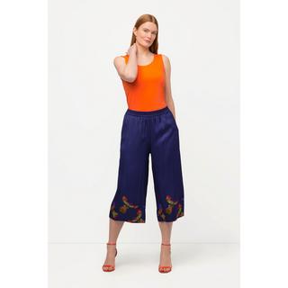 Ulla Popken  Pantalon 3/4 Mary en satin, imprimé oiseaux et taille élastique 