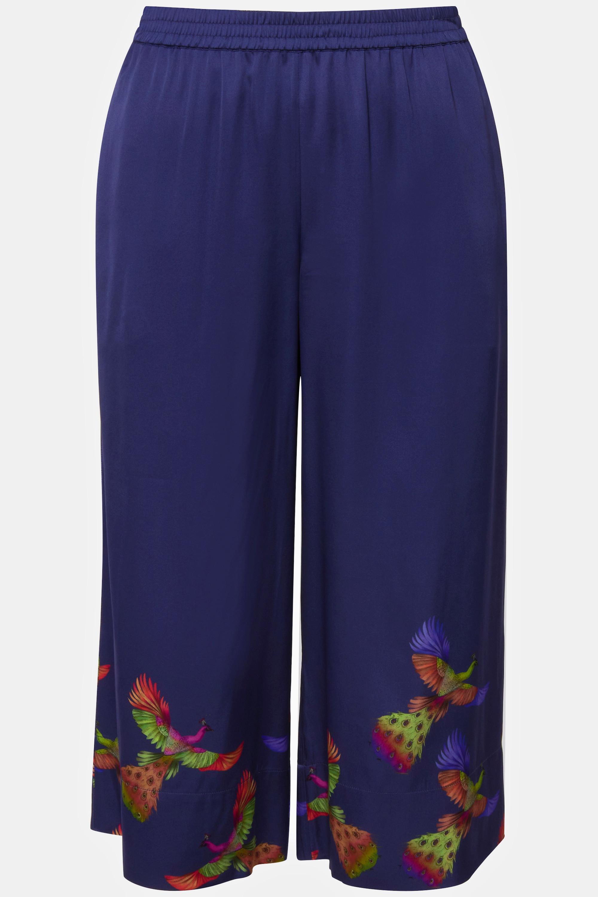 Ulla Popken  Pantalon 3/4 Mary en satin, imprimé oiseaux et taille élastique 