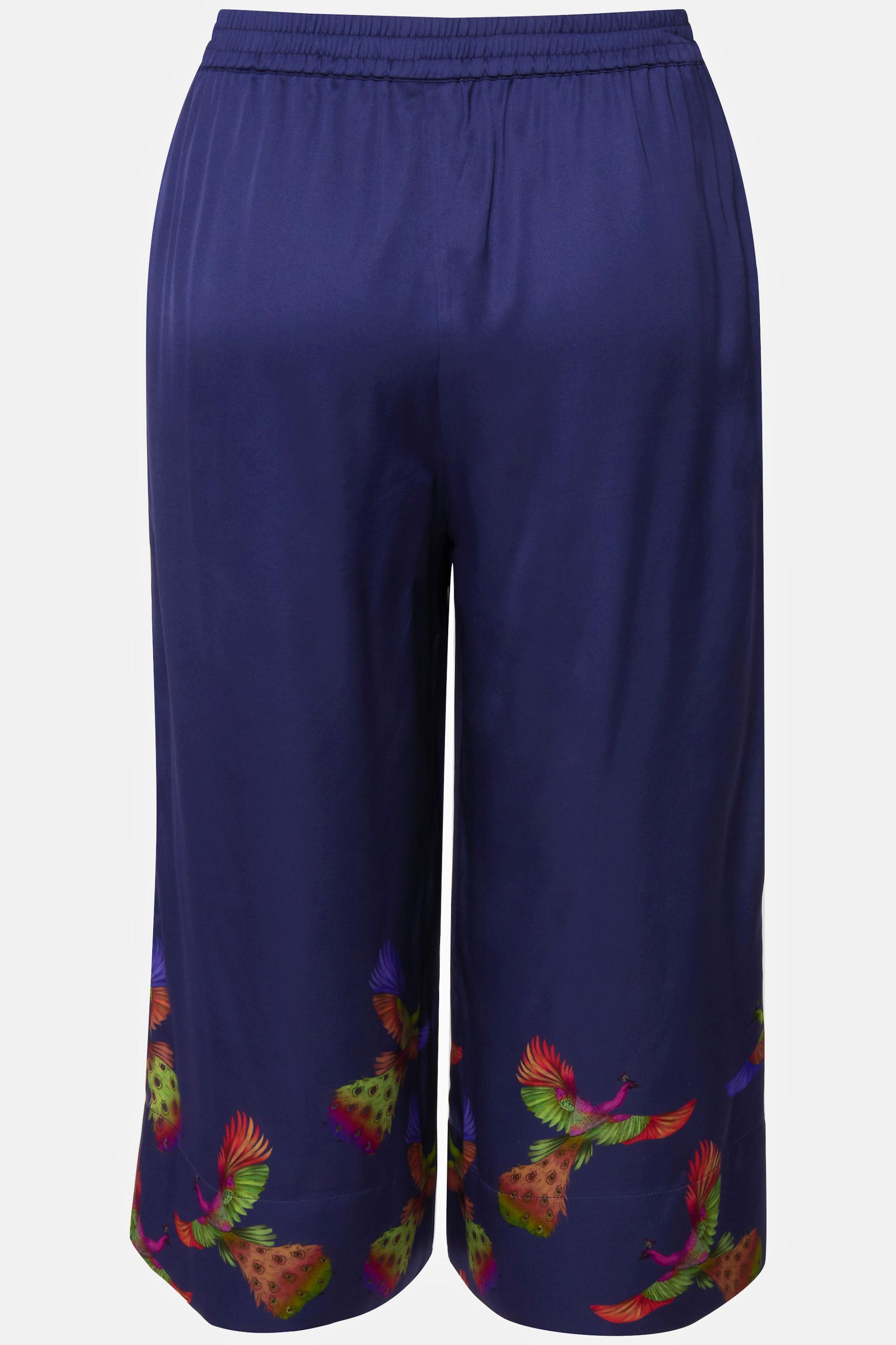 Ulla Popken  Pantalon 3/4 Mary en satin, imprimé oiseaux et taille élastique 