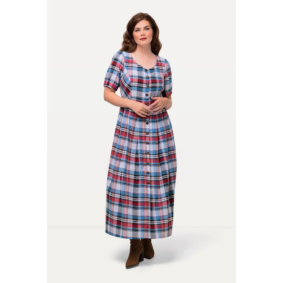 Ulla Popken Robe à carreaux Lin mélangé Col rond Manches courtes  