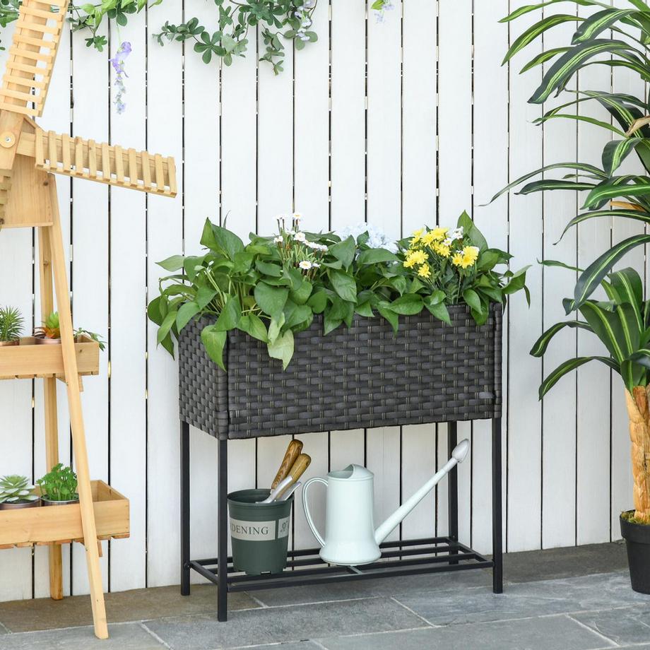 Northio Hochbeet Aus Poly Rattan Blumenkasten Mit Füßen Und Ablage, Braun, 70 X 30 X 72 Cm  