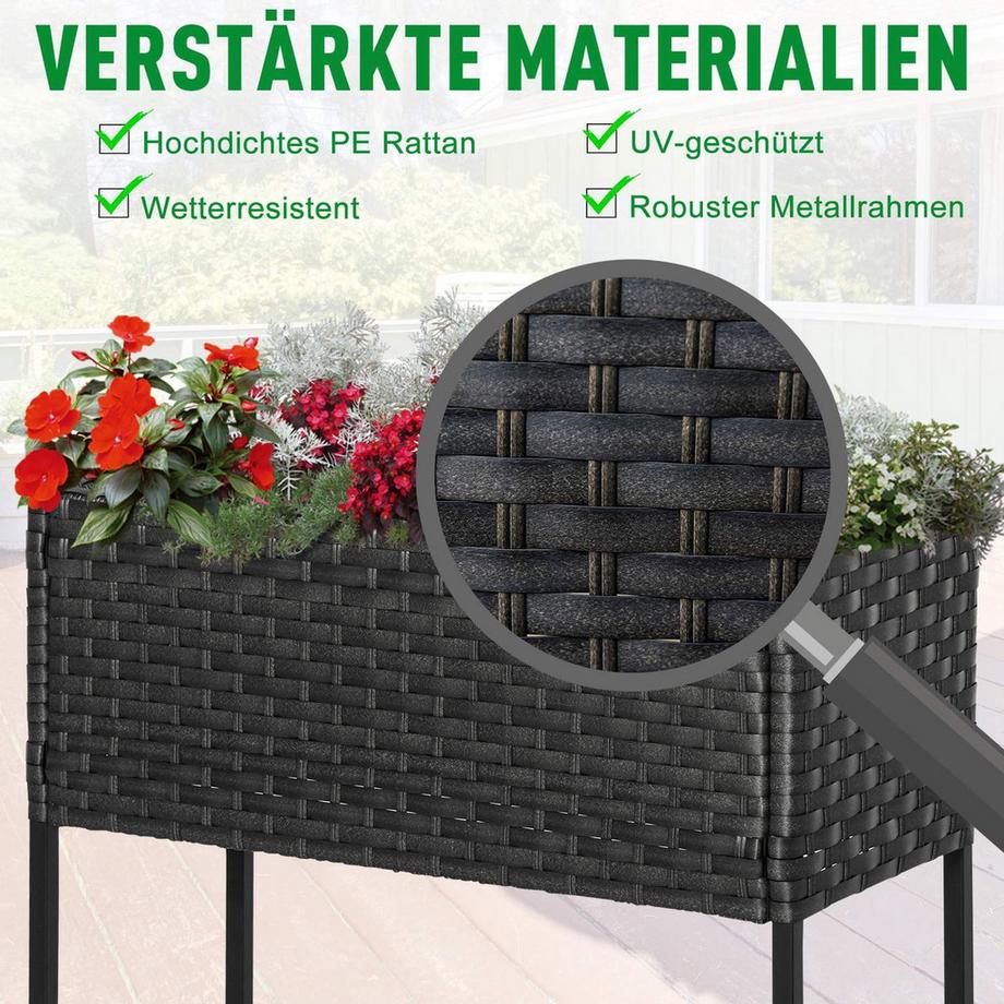 Northio Hochbeet Aus Poly Rattan Blumenkasten Mit Füßen Und Ablage, Braun, 70 X 30 X 72 Cm  