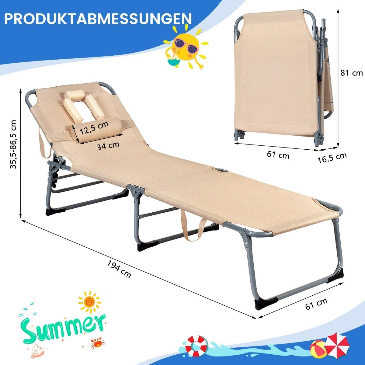 Northix Verstellbare Sonnenliege Zusammenklappbare Strandliege mit Kissen 194 x 61 x 35,5 – 86,5 cm Beige  