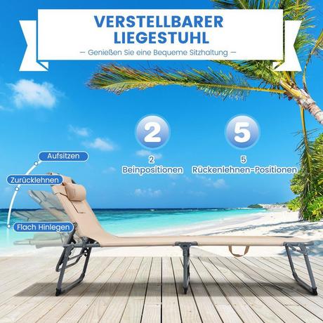 Northix Verstellbare Sonnenliege Zusammenklappbare Strandliege mit Kissen 194 x 61 x 35,5 – 86,5 cm Beige  