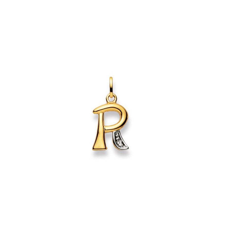 Pendentif Lettre R bicolore or jaune/blanc 750 diamant 0.01.00ct. 21x12mm