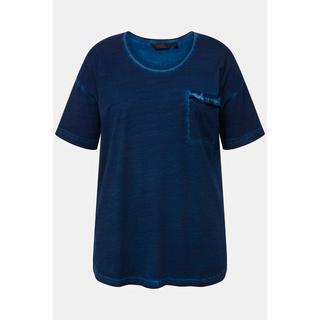 Ulla Popken  T-shirt con taschino con ruche, scollo a girocollo e mezze maniche 