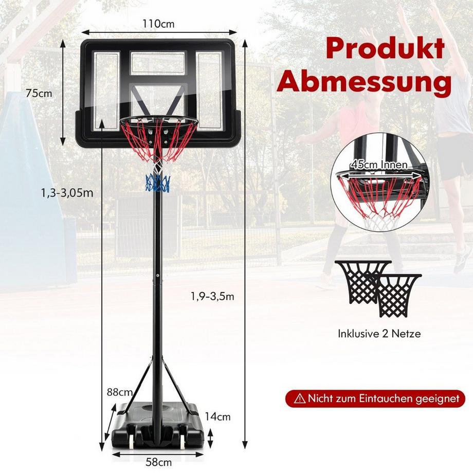 Northix  Canestro da basket regolabile in altezza 130 cm - 305 cm con supporto e supporto per canestro a 2 ruote nero 