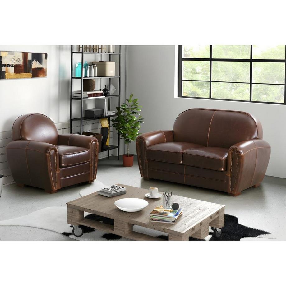 Vente-unique Canapé fauteuil club BAUDOIN 100% cuir vieilli  