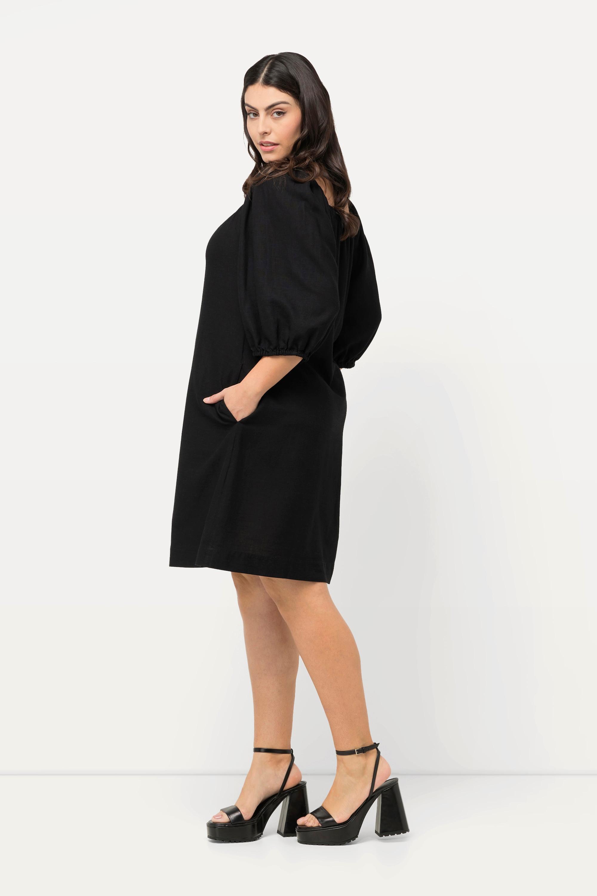 Ulla Popken Robe Midi Lin Mélangé Silhouette A Décolleté Carré Manches Courtes  