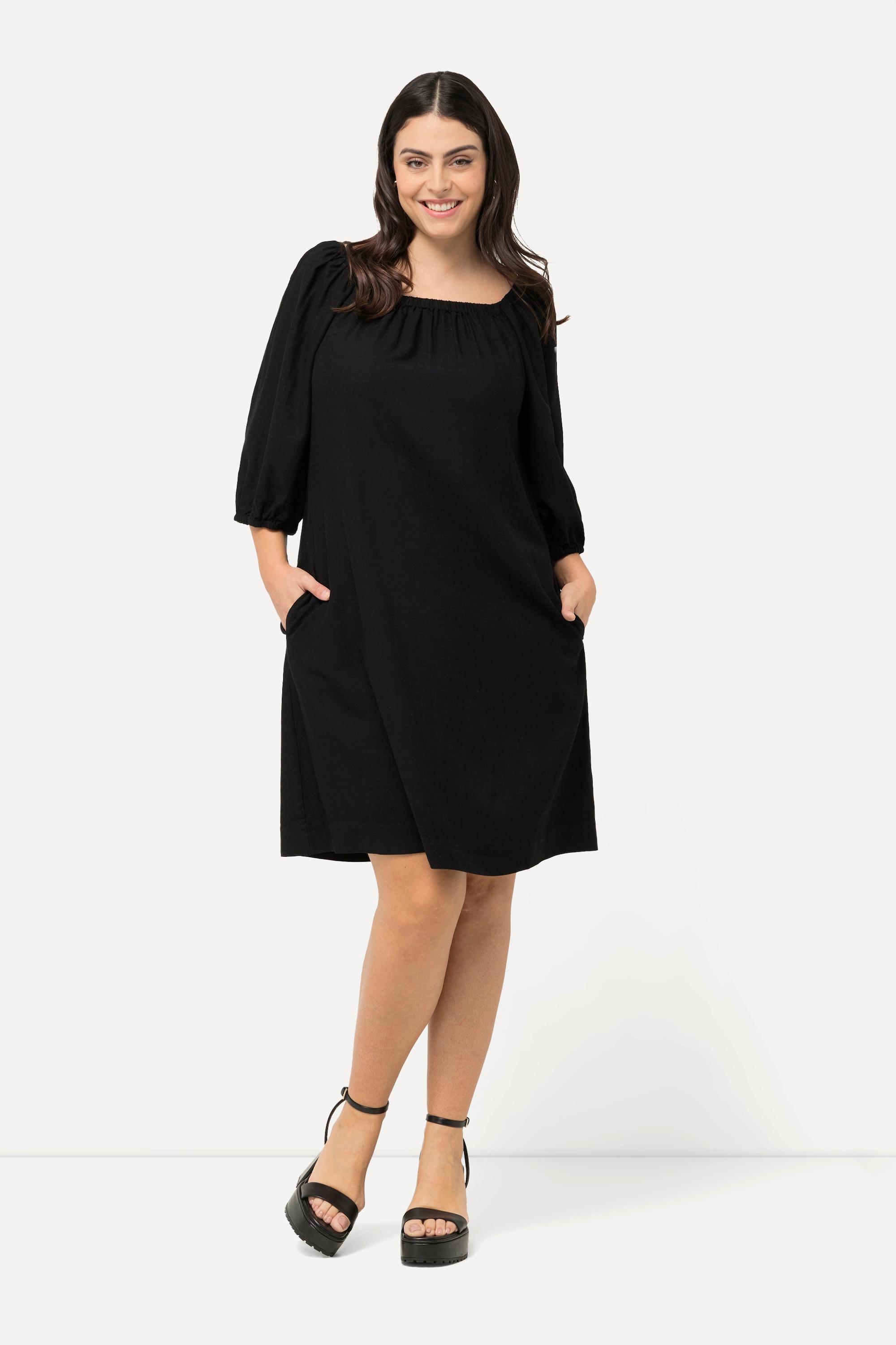 Ulla Popken  Midikleid, Leinenmix, A-Linie, Carree-Ausschnitt, Halbarm 