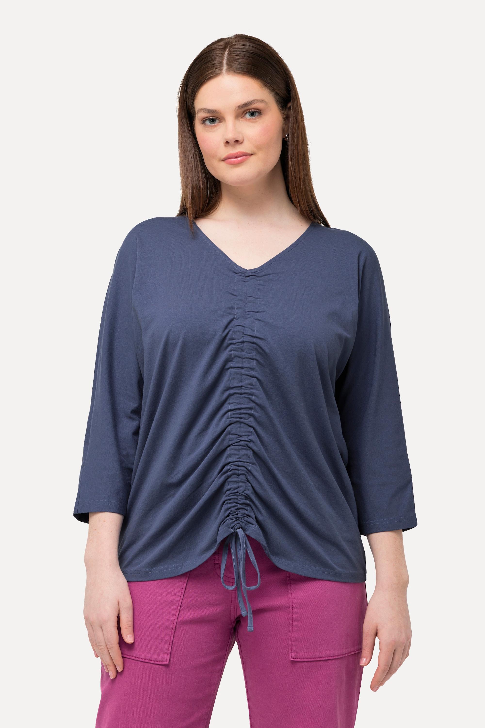 Ulla Popken T-shirt Arricciatura Scollo a V Maniche 3/4 Cotone Biologico  