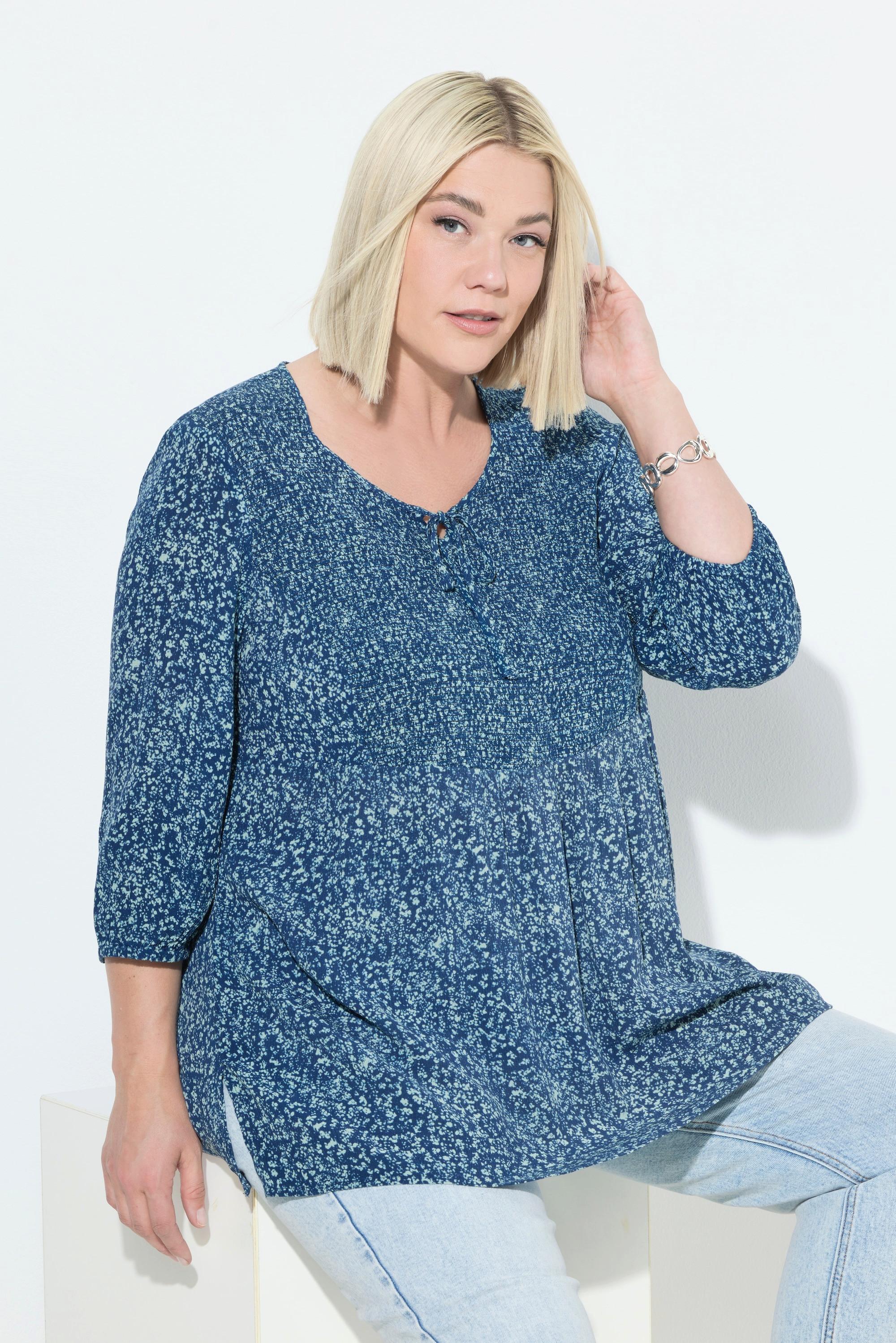 Ulla Popken Blusa Smock Pois Linea A Scollo Rotondo Maniche 3/4  