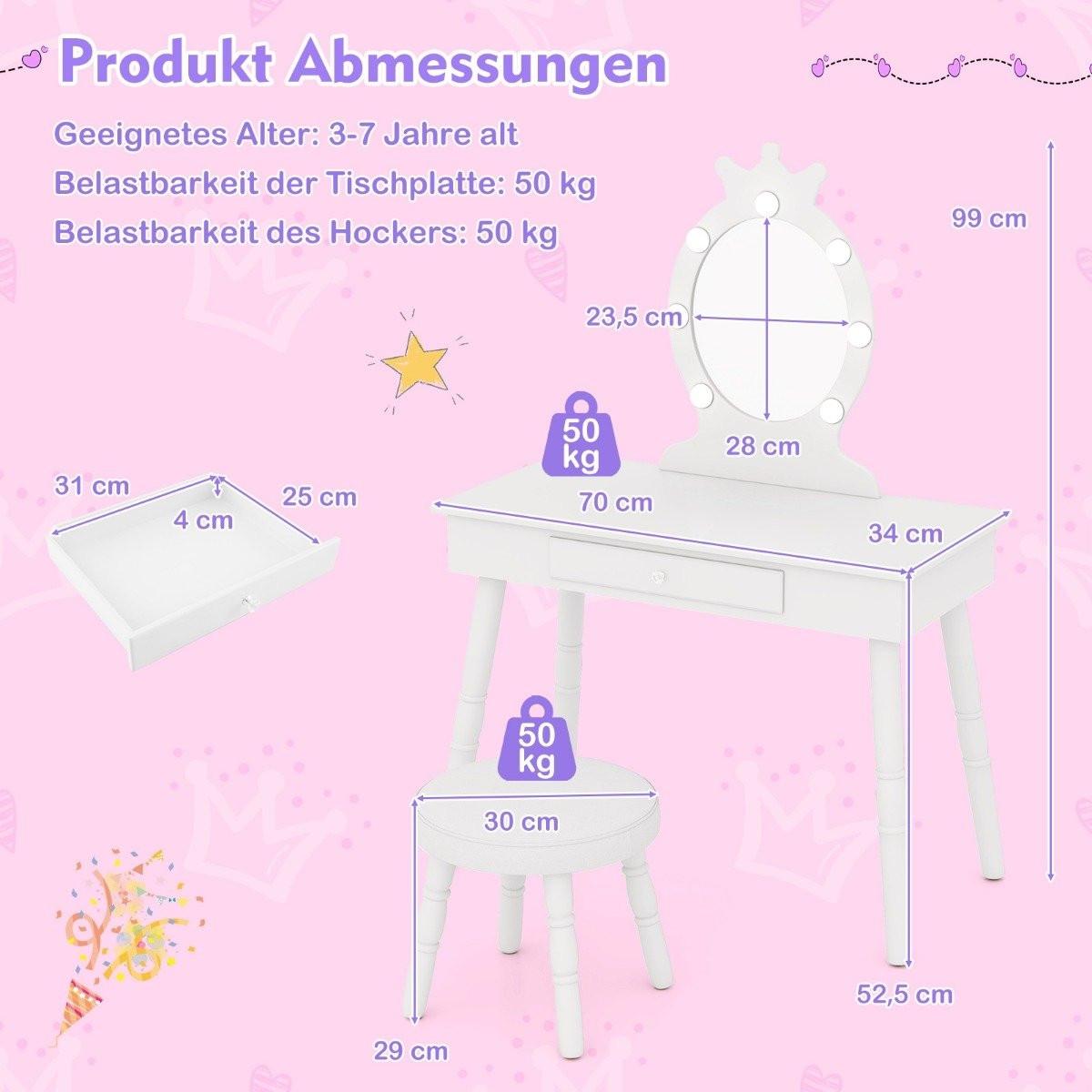 Northix  Schminktisch Kinder mit Beleuchtung 2 in 1 Frisiertisch Prinzessin mit abnehmbarem Spiegel Weiß 