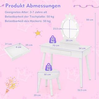Northix  Schminktisch Kinder mit Beleuchtung 2 in 1 Frisiertisch Prinzessin mit abnehmbarem Spiegel Weiß 