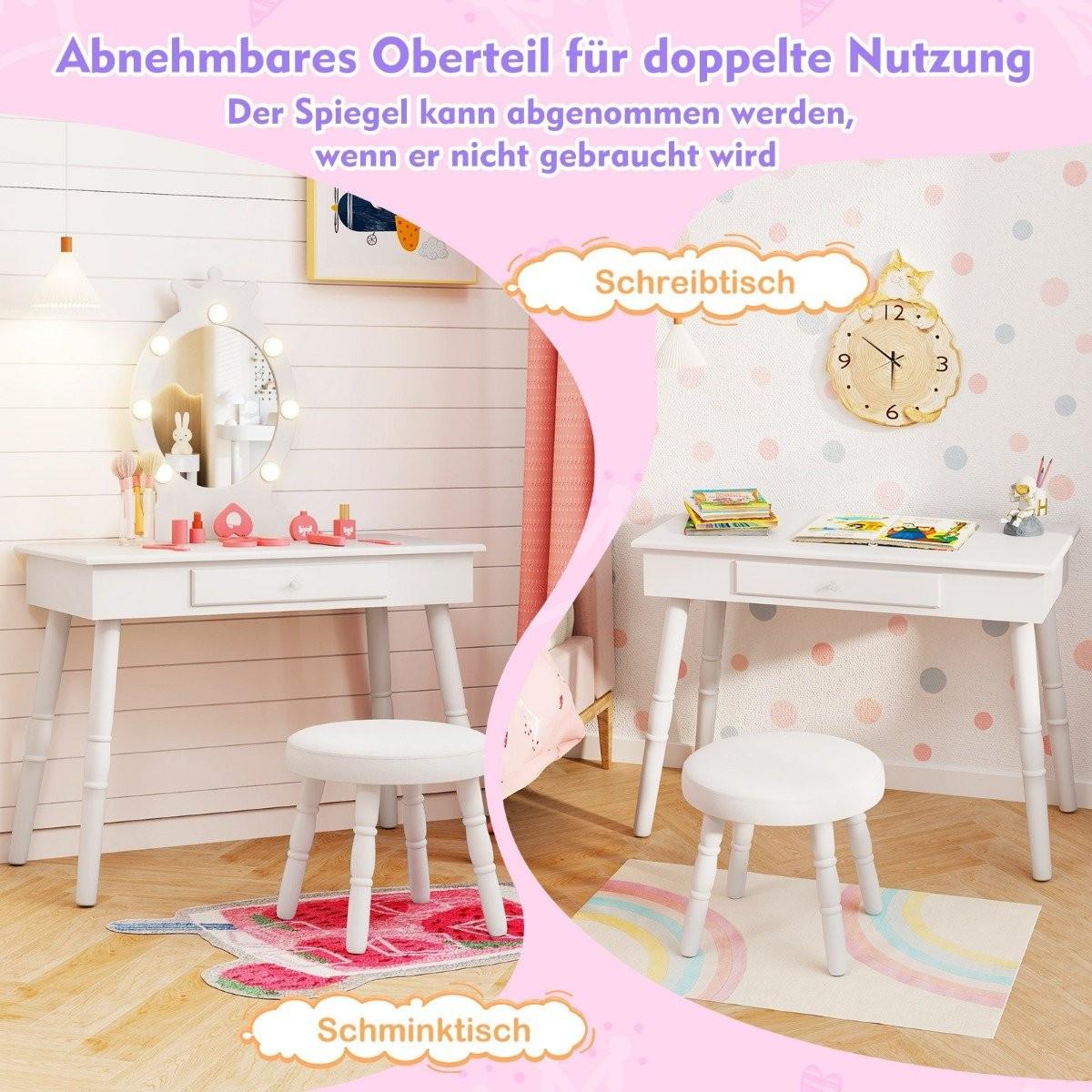 Northix  Schminktisch Kinder mit Beleuchtung 2 in 1 Frisiertisch Prinzessin mit abnehmbarem Spiegel Weiß 