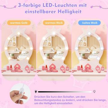 Schminktisch Kinder mit Beleuchtung 2 in 1 Frisiertisch Prinzessin mit abnehmbarem Spiegel Weiß