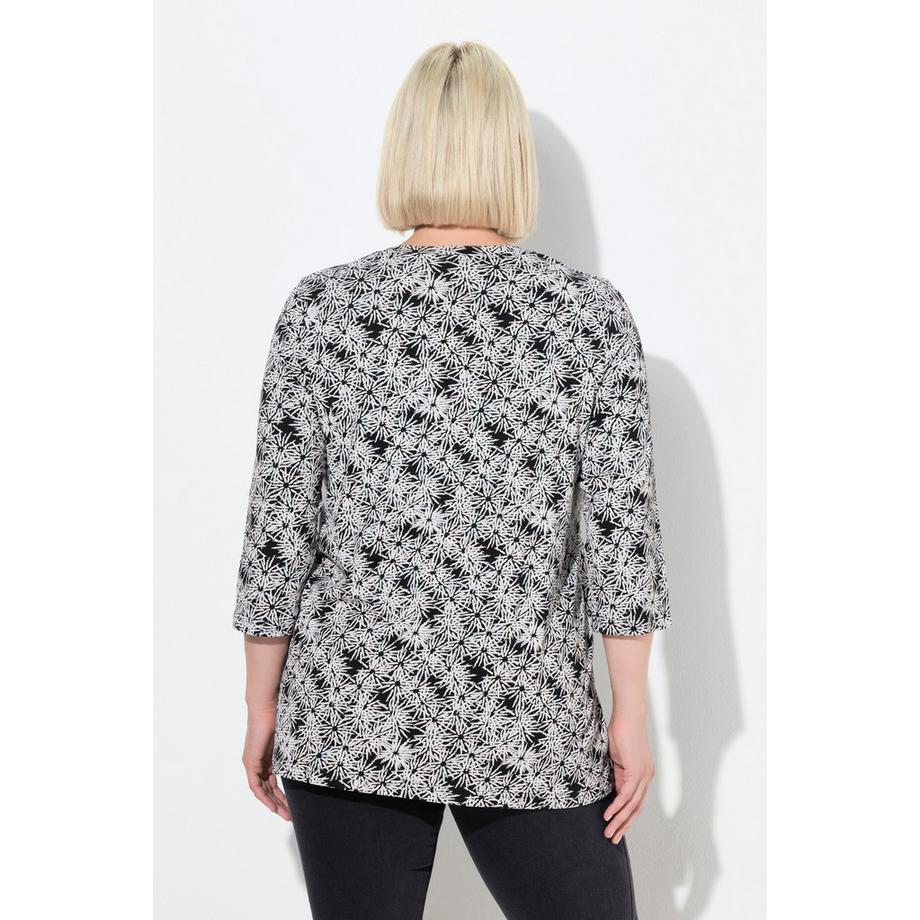 Ulla Popken T-shirt Fleurs Coupe Évasée Col Rond Manches 3/4  