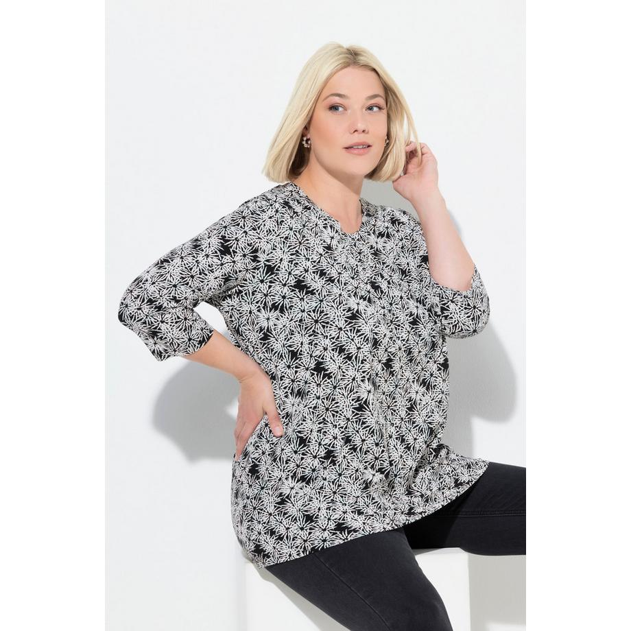 Ulla Popken T-shirt Fleurs Coupe Évasée Col Rond Manches 3/4  