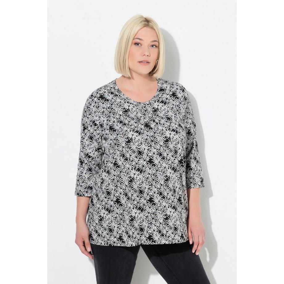 Ulla Popken T-shirt Fleurs Coupe Évasée Col Rond Manches 3/4  