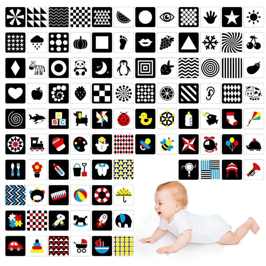 100 Seiten Sunte Baby Visual Stimulus Flash Card, 50 Stück High Contrast Baby Flash Cards Sensory Toy