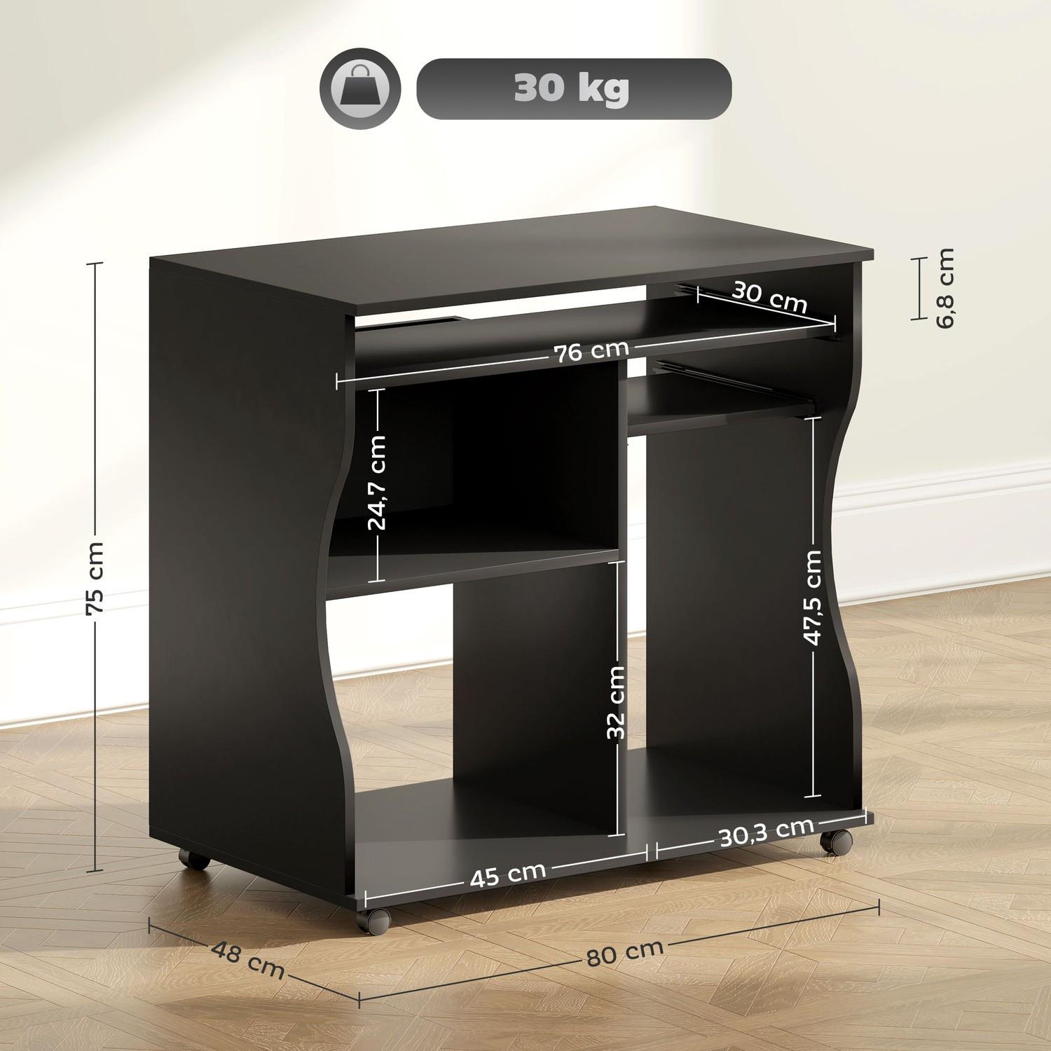 Northio Scrivania per computer Scrivania con ruote Tavolo da ufficio con ripiano per tastiera? Mensola, tavolo per PC nero 80 x 48 x 75 cm  