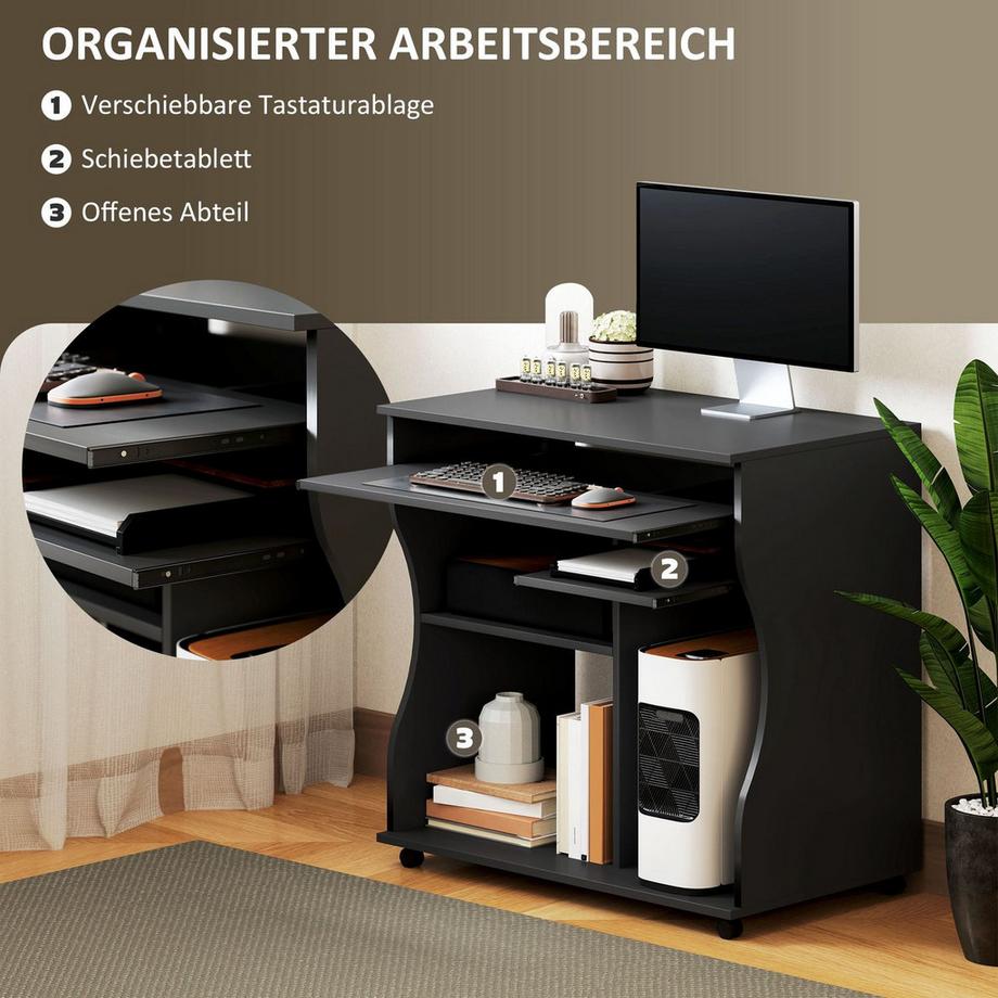 Northio Computertisch Schreibtisch mit Rollen Bürotisch mit Tastaturablage? Ablage, PC Tisch Schwarz 80 x 48 x 75 cm Aosom  