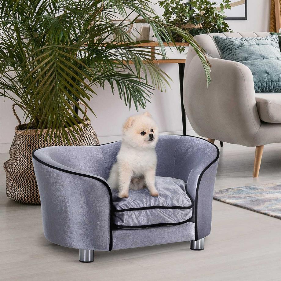 Northio Hundesofa Luxus Haustiersofa Mit Kissen Katzensofa Erhöhtes Hundebetthundecouch Tierbett Plüsch Tannenholz Hellgrau 69 X 49 X 38 Cm  