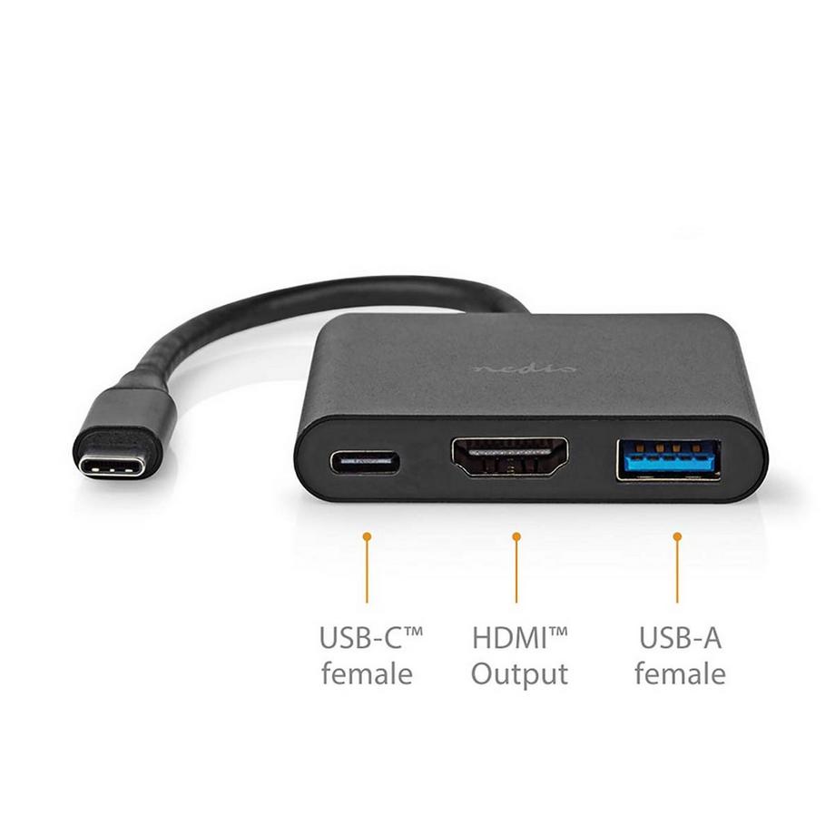 Nedis  Adaptateur multiport USB | USB 3.2 Gen 1 | USB-C™ Male | HDMI™ Output / USB-A Female / USB-C™ Female | 5 Gbps | 0.10 m | Rond | Nickel Plated | PVC | Black | Box 