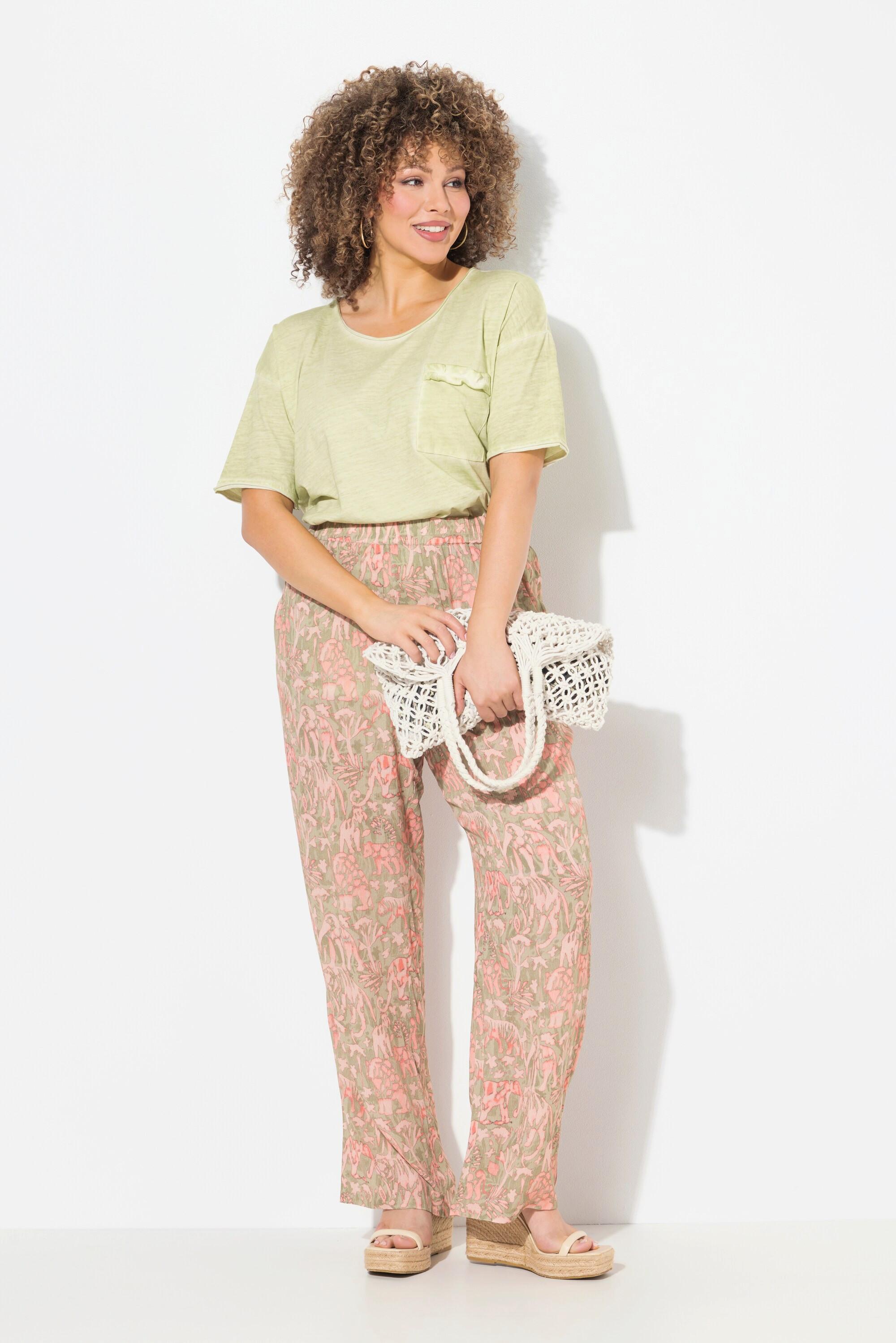 Ulla Popken Rose Safaridruck Weites Bein Hose Elastikbund  