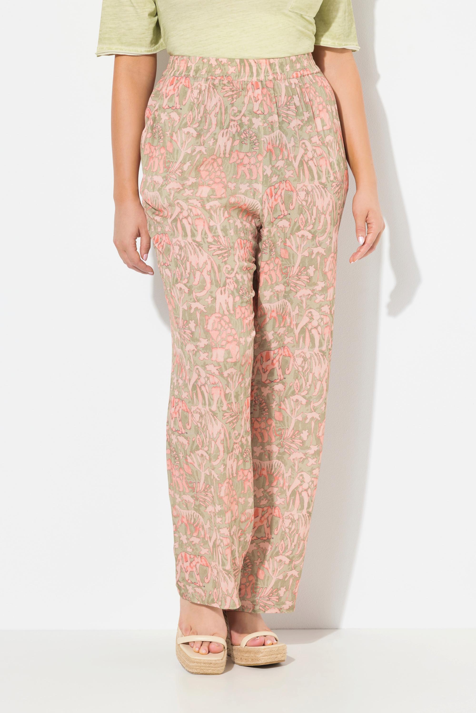 Ulla Popken Rose Safaridruck Weites Bein Hose Elastikbund  
