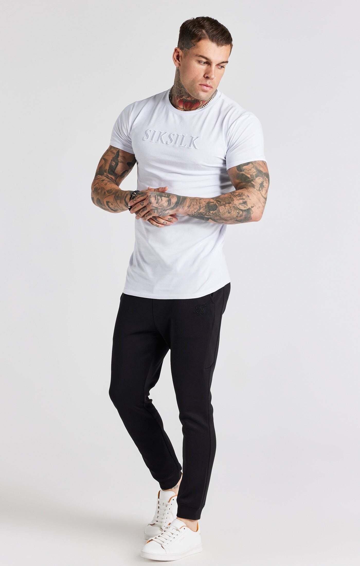 Sik Silk  T-Shirt White Embroidered Muscle Fit T-Shirt 