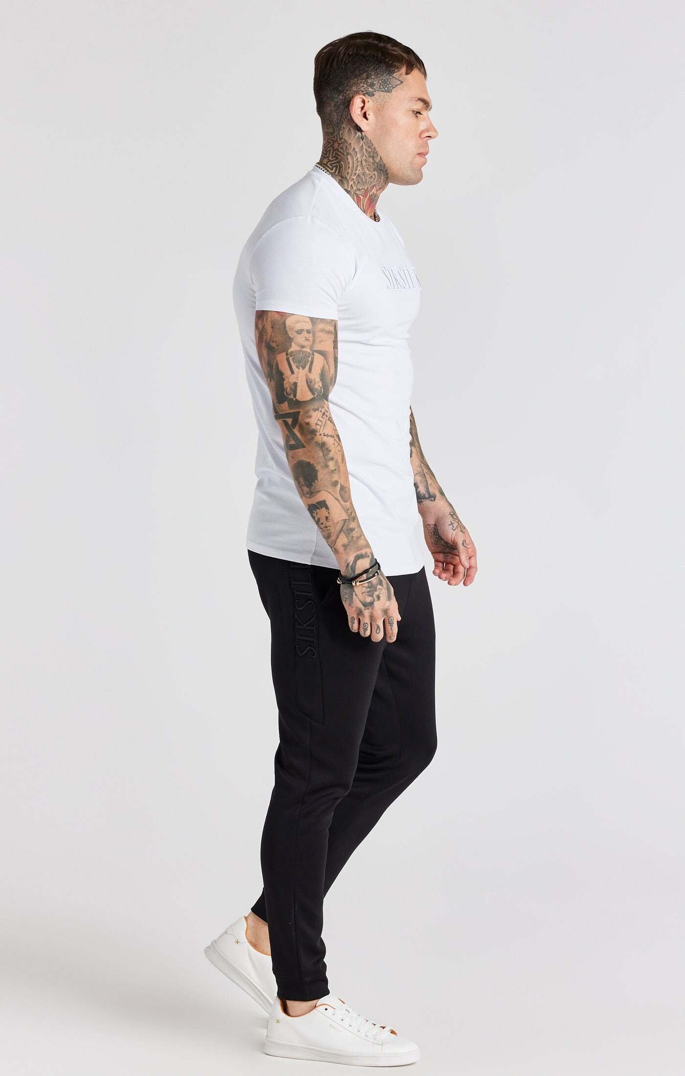 Sik Silk  T-Shirt White Embroidered Muscle Fit T-Shirt 
