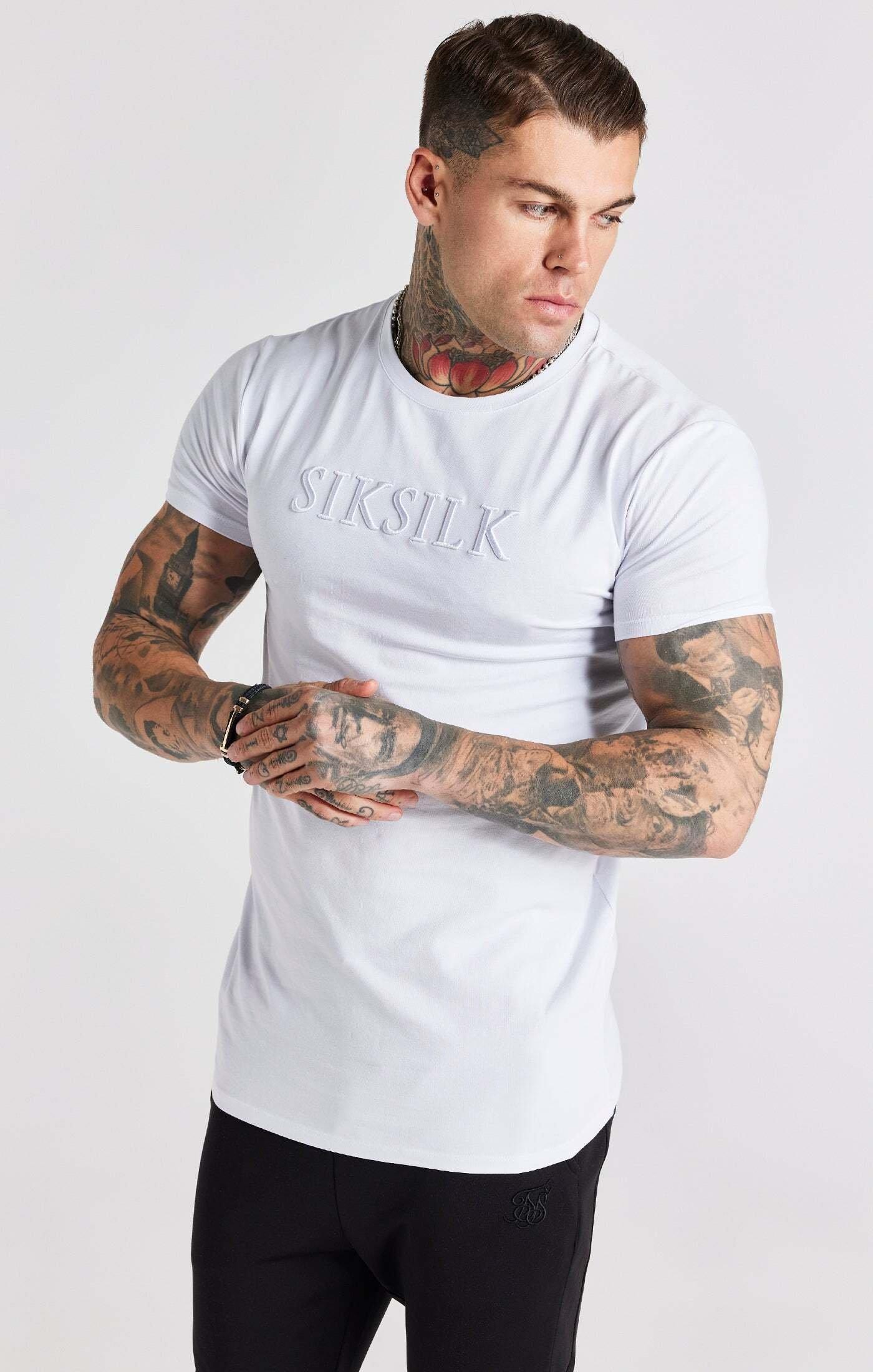 Sik Silk  T-Shirt White Embroidered Muscle Fit T-Shirt 